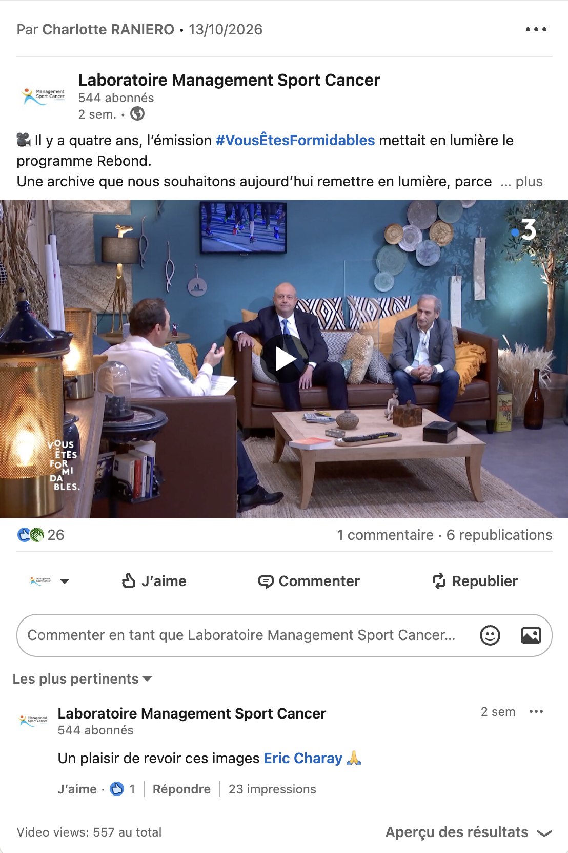 Post LinkedIn du Labo MSC sur l’émission Vous êtes formidables