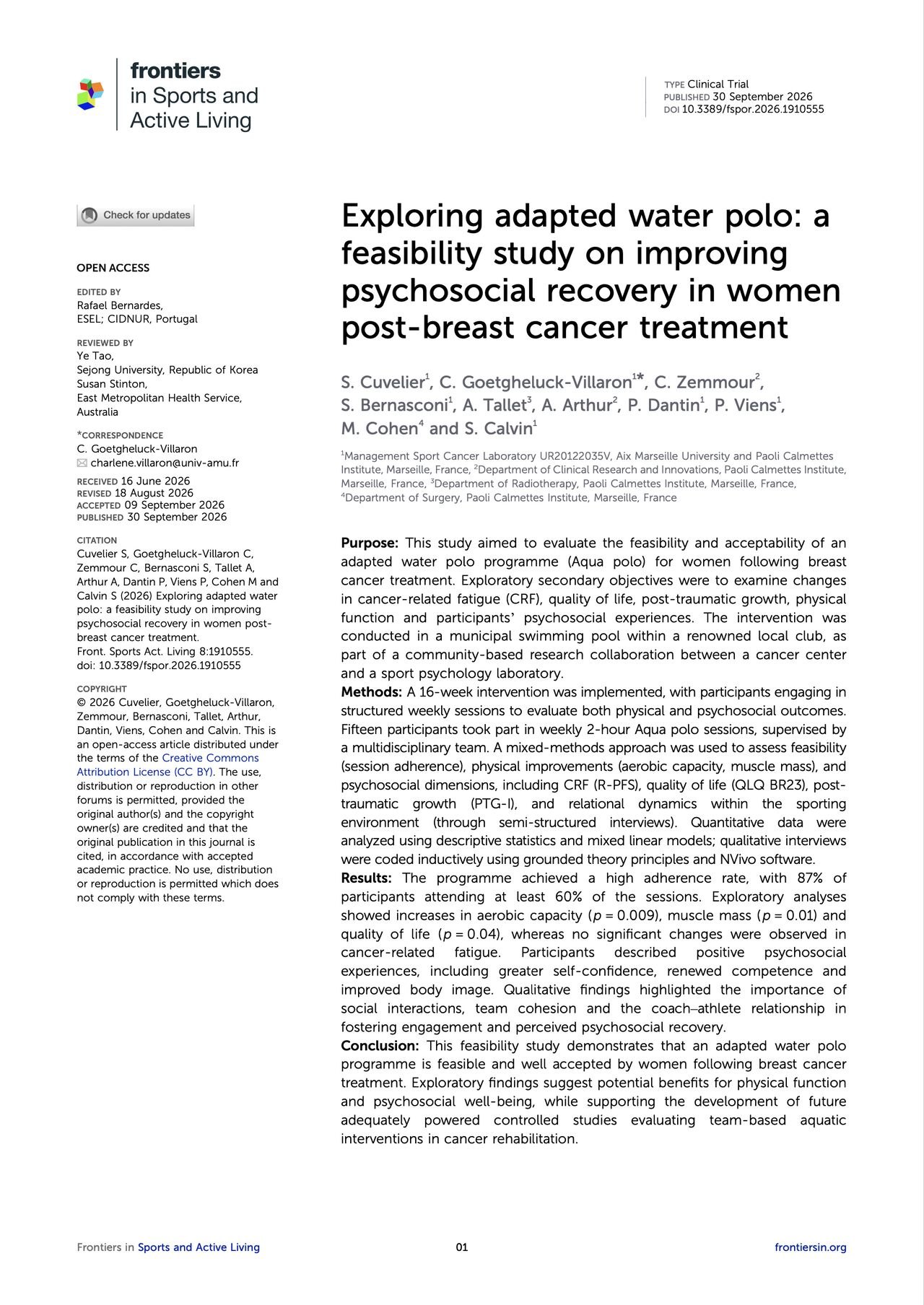 Publication scientifique Frontiers sur le programme Aqua polo
